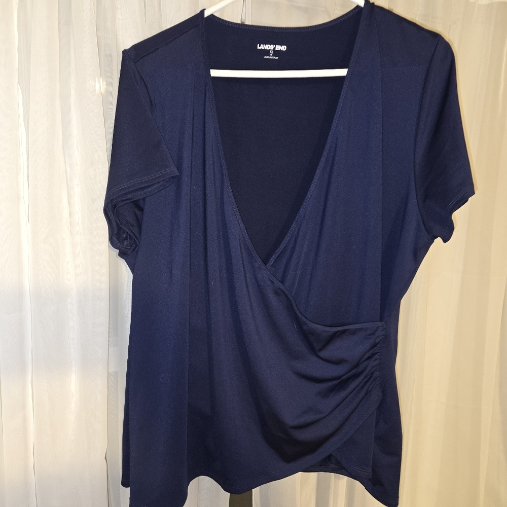 Lands' End Women's Navy Rash Guard With Crossover Front Detail